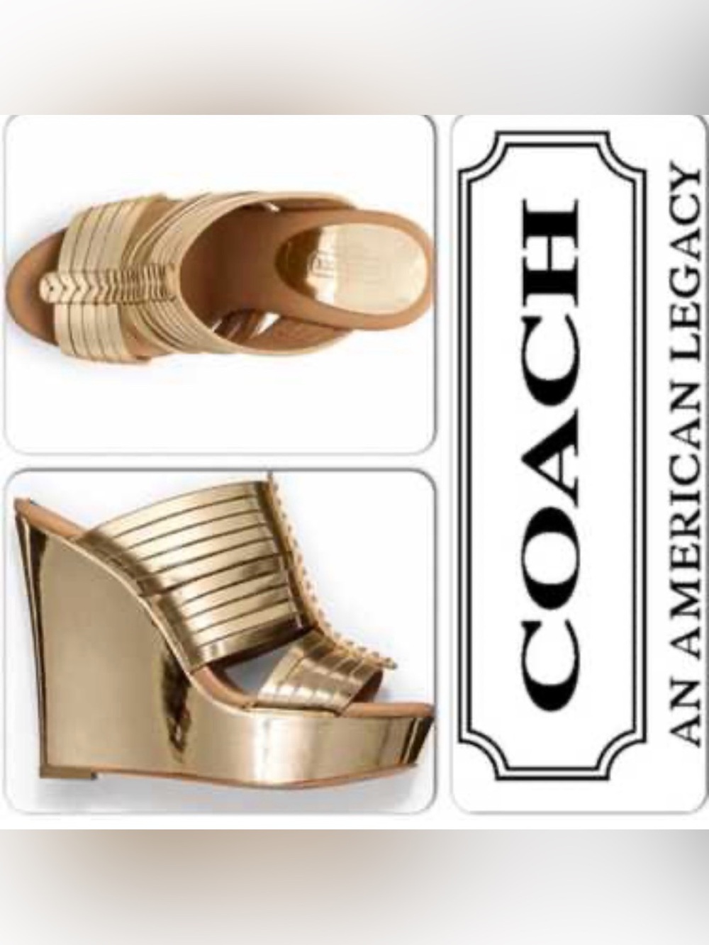 Coach Bristol Mirror Metallic Gold Wedge Slide Platform Sandals Size 6.5 - Picture 2 of 10
